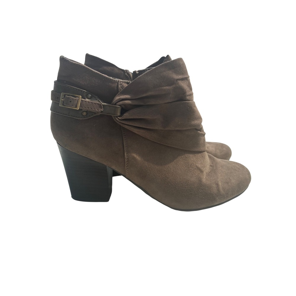 LA-GRAND Taupe Ruched Ankle Booties Buckle Strap Block Heel Size‎ 9M